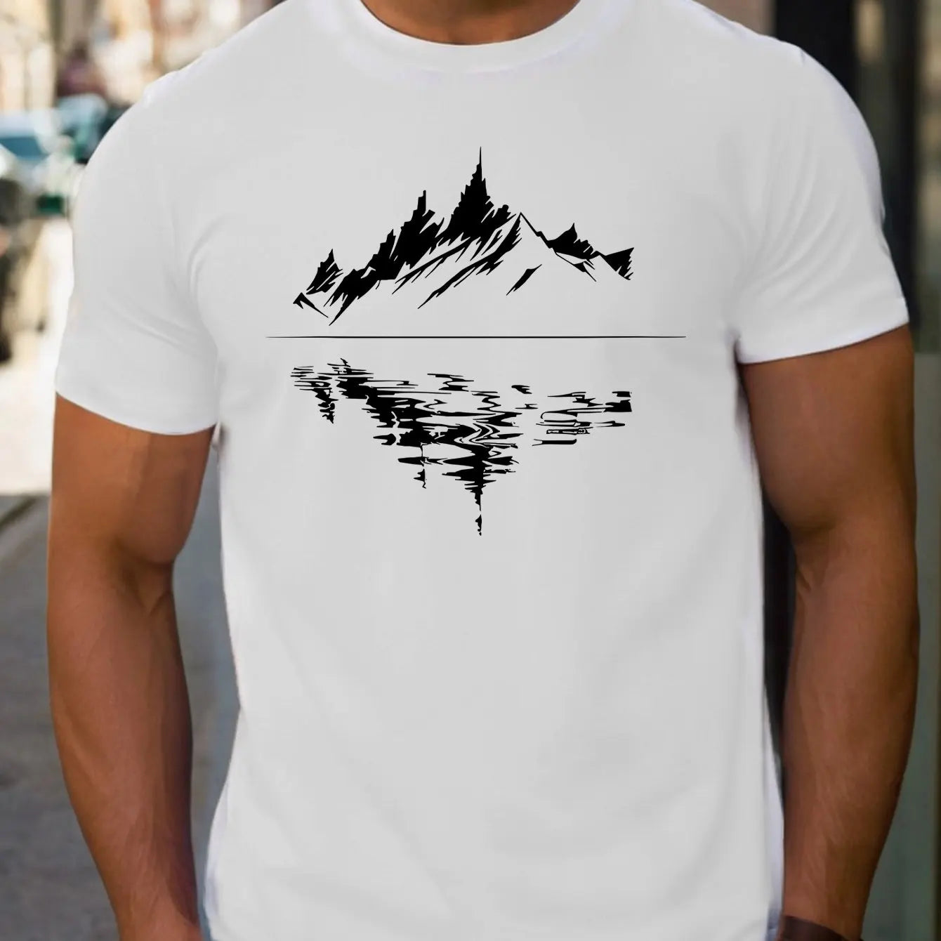 New Men's summer pure cotton fashionable casual loose fit plus mountain reflection printed round neck short sleeved T-shirt top | TINMICO