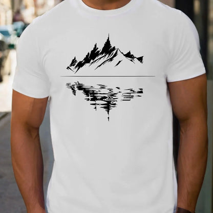 New Men's summer pure cotton fashionable casual loose fit plus mountain reflection printed round neck short sleeved T-shirt top | TINMICO