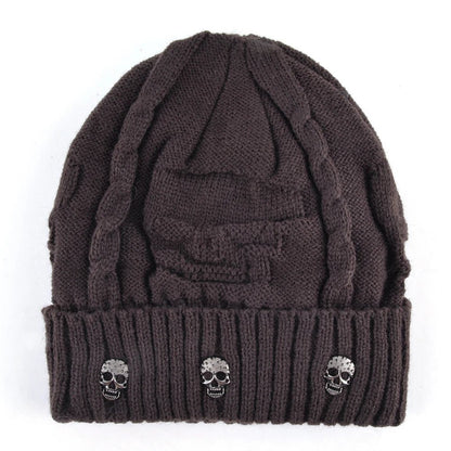 Skull Pattern Solid Color Hat With Metal Skulls Skullies Beanies Men's Knit Thick Hats, Winter Beanies Men Knitted TINMICO - TINMICO