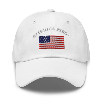 America First Hat (Embroidered Cotton Dad Cap) USA Patriot, July 4th Pride, Made in USA - TINMICO