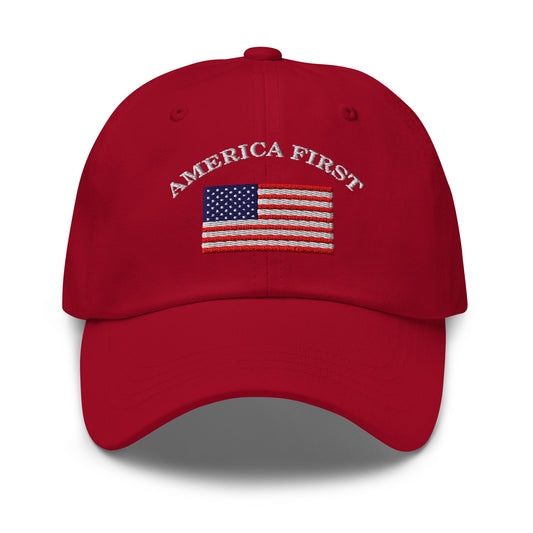 America First Hat (Embroidered Cotton Dad Cap) USA Patriot, July 4th Pride, Made in USA - TINMICO