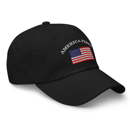 America First Hat (Embroidered Cotton Dad Cap) USA Patriot, July 4th Pride, Made in USA - TINMICO