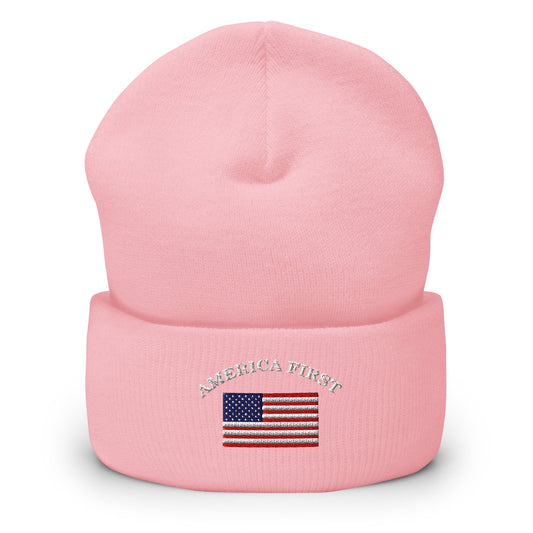 America First Hat (Embroidered Cuffed Beanie) USA Patriot, July 4th Pride Cuffed Beanie - TINMICO