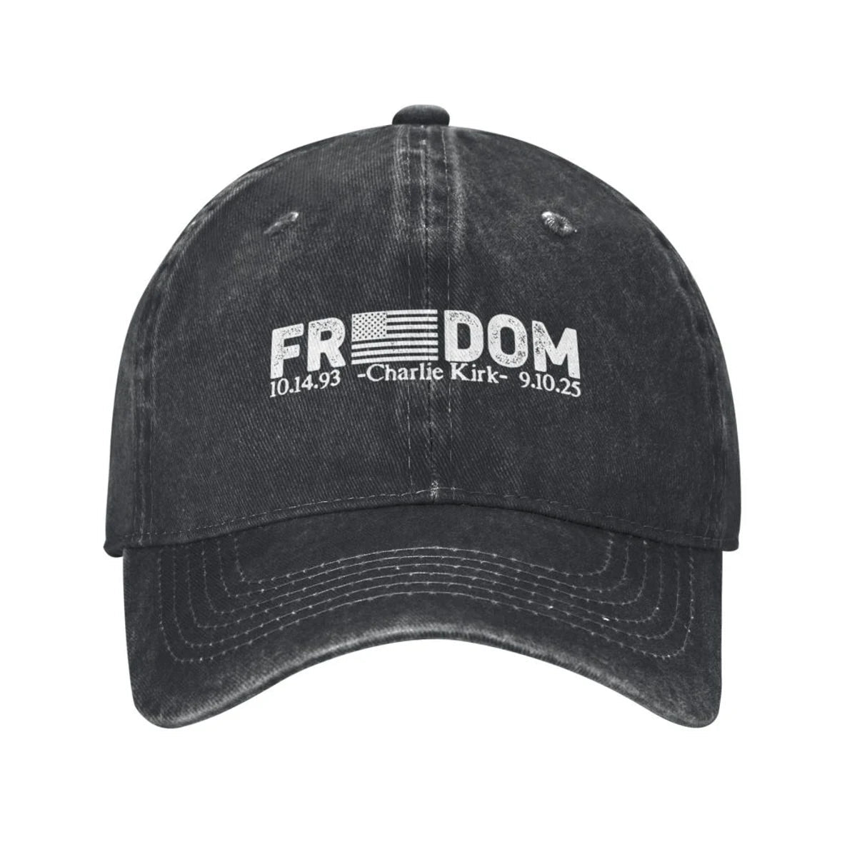Charlie Kirk Freedom RIP Baseball Cap is a distressed denim washed sun cap, Hat Freedom | TMC - TINMICO