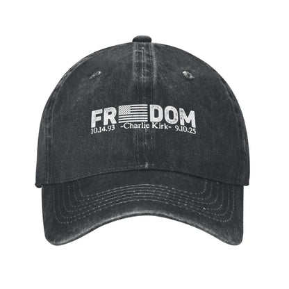 Charlie Kirk Freedom RIP Baseball Cap is a distressed denim washed sun cap, Hat Freedom | TMC - TINMICO