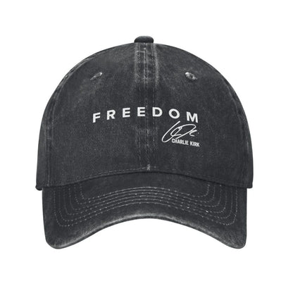 Charlie Kirk Freedom RIP Baseball Cap is a distressed denim washed sun cap, Hat Freedom | TMC - TINMICO