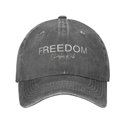 Charlie Kirk Freedom RIP Baseball Cap is a distressed denim washed sun cap, Hat Freedom | TMC - TINMICO