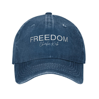 Charlie Kirk Freedom RIP Baseball Cap is a distressed denim washed sun cap, Hat Freedom | TMC - TINMICO