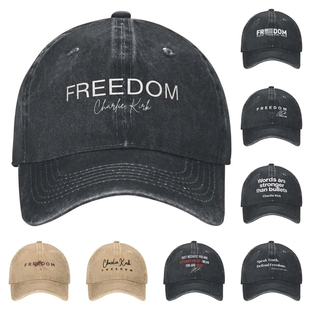 Charlie Kirk Freedom RIP Baseball Cap is a distressed denim washed sun cap, Hat Freedom | TMC - TINMICO