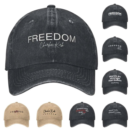 Charlie Kirk Freedom RIP Baseball Cap is a distressed denim washed sun cap, Hat Freedom | TMC - TINMICO