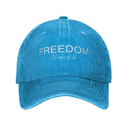 Charlie Kirk Freedom RIP Baseball Cap is a distressed denim washed sun cap, Hat Freedom | TMC - TINMICO