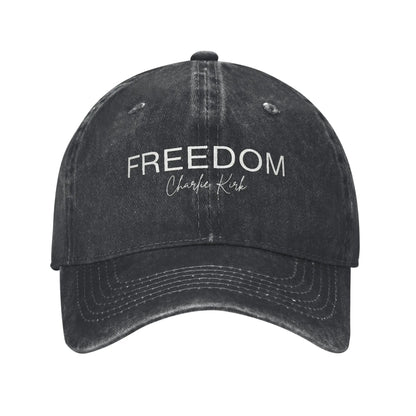 Charlie Kirk Freedom RIP Baseball Cap is a distressed denim washed sun cap, Hat Freedom | TMC - TINMICO