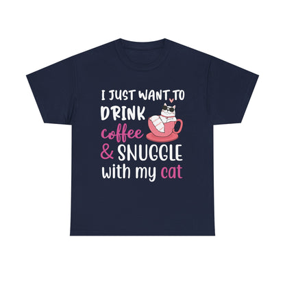 Coffee & Cat Unisex Heavy Cotton Tee, Cat Lover Gift, Coffee Enthusiast Apparel, Cute Pet Tee, Funny Animal T-Shirt, Unique Gift Idea - TINMICO
