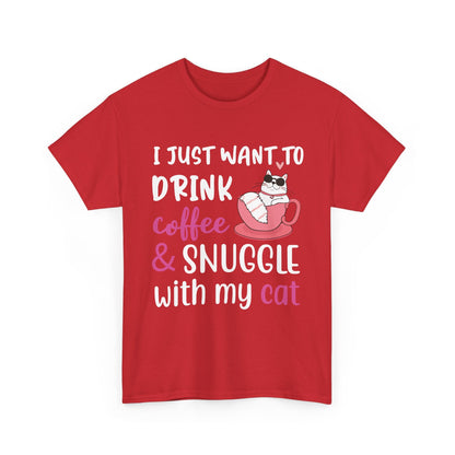 Coffee & Cat Unisex Heavy Cotton Tee, Cat Lover Gift, Coffee Enthusiast Apparel, Cute Pet Tee, Funny Animal T-Shirt, Unique Gift Idea - TINMICO