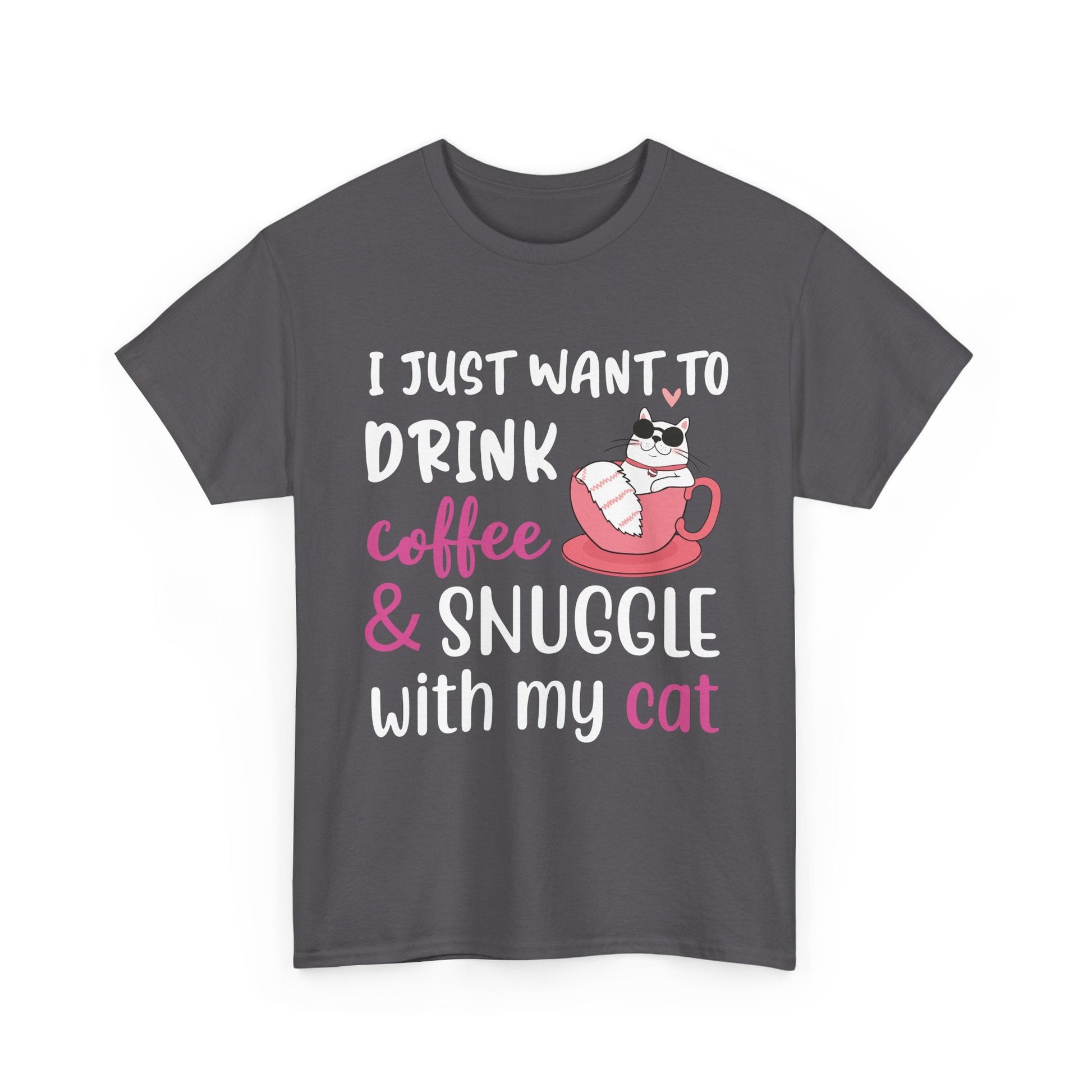 Coffee & Cat Unisex Heavy Cotton Tee, Cat Lover Gift, Coffee Enthusiast Apparel, Cute Pet Tee, Funny Animal T-Shirt, Unique Gift Idea - TINMICO