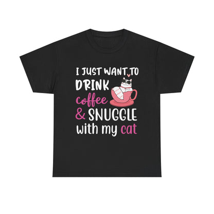 Coffee & Cat Unisex Heavy Cotton Tee, Cat Lover Gift, Coffee Enthusiast Apparel, Cute Pet Tee, Funny Animal T-Shirt, Unique Gift Idea - TINMICO