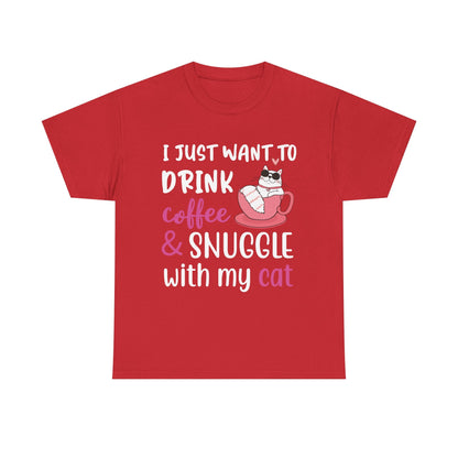 Coffee & Cat Unisex Heavy Cotton Tee, Cat Lover Gift, Coffee Enthusiast Apparel, Cute Pet Tee, Funny Animal T-Shirt, Unique Gift Idea - TINMICO