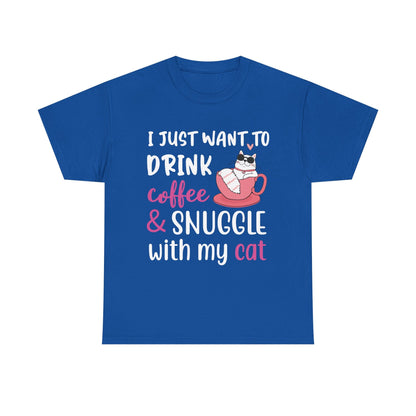 Coffee & Cat Unisex Heavy Cotton Tee, Cat Lover Gift, Coffee Enthusiast Apparel, Cute Pet Tee, Funny Animal T-Shirt, Unique Gift Idea - TINMICO