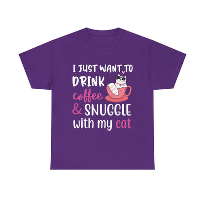 Coffee & Cat Unisex Heavy Cotton Tee, Cat Lover Gift, Coffee Enthusiast Apparel, Cute Pet Tee, Funny Animal T-Shirt, Unique Gift Idea - TINMICO