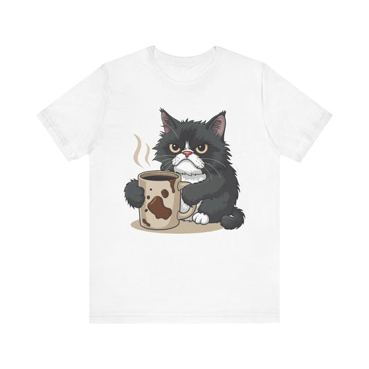 Funny Cat Lover Tee, Unisex Jersey Shirt, Gift for Cat Moms, Coffee Lover T-Shirt, Pet Owner Humor Tee, Cute Kitty Design - TINMICO