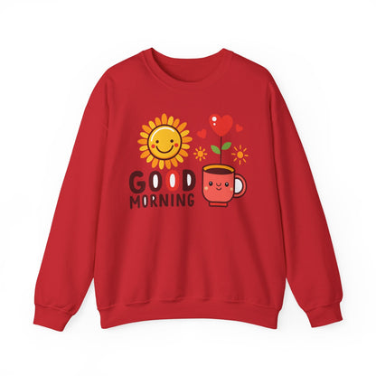 Good Morning Sun & Heart Sweatshirt, Cozy Gift for Friends, Cute Sweatshirt for Fall, Fun Layer for Coffee Lovers, Positive Vibes Apparel - TINMICO