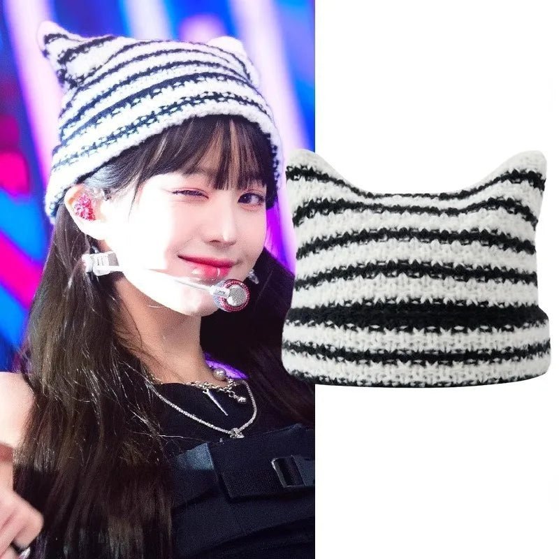 Hat Women Winter Streetwear Harajuku Beanie Little Devil Striped Knitted Cute Cat Ears Cap | TINMICO - TINMICO