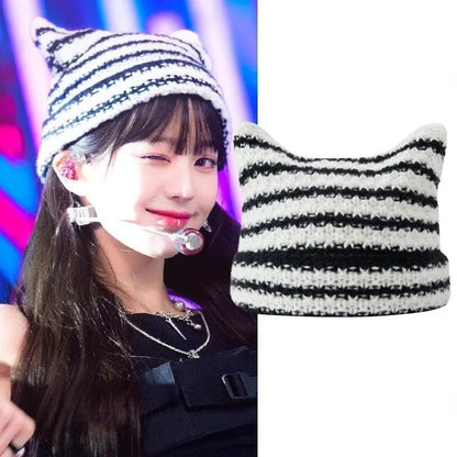 Hat Women Winter Streetwear Harajuku Beanie Little Devil Striped Knitted Cute Cat Ears Cap | TINMICO - TINMICO
