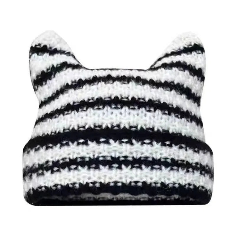 Hat Women Winter Streetwear Harajuku Beanie Little Devil Striped Knitted Cute Cat Ears Cap | TINMICO - TINMICO