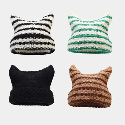 Hat Women Winter Streetwear Harajuku Beanie Little Devil Striped Knitted Cute Cat Ears Cap | TINMICO - TINMICO