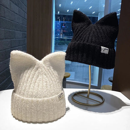 Knitted Hats Cute Cat Ears Beanies For Women Autumn Winter Warm Ear Protection Sweet Versatile Pullover | TINMICO - TINMICO