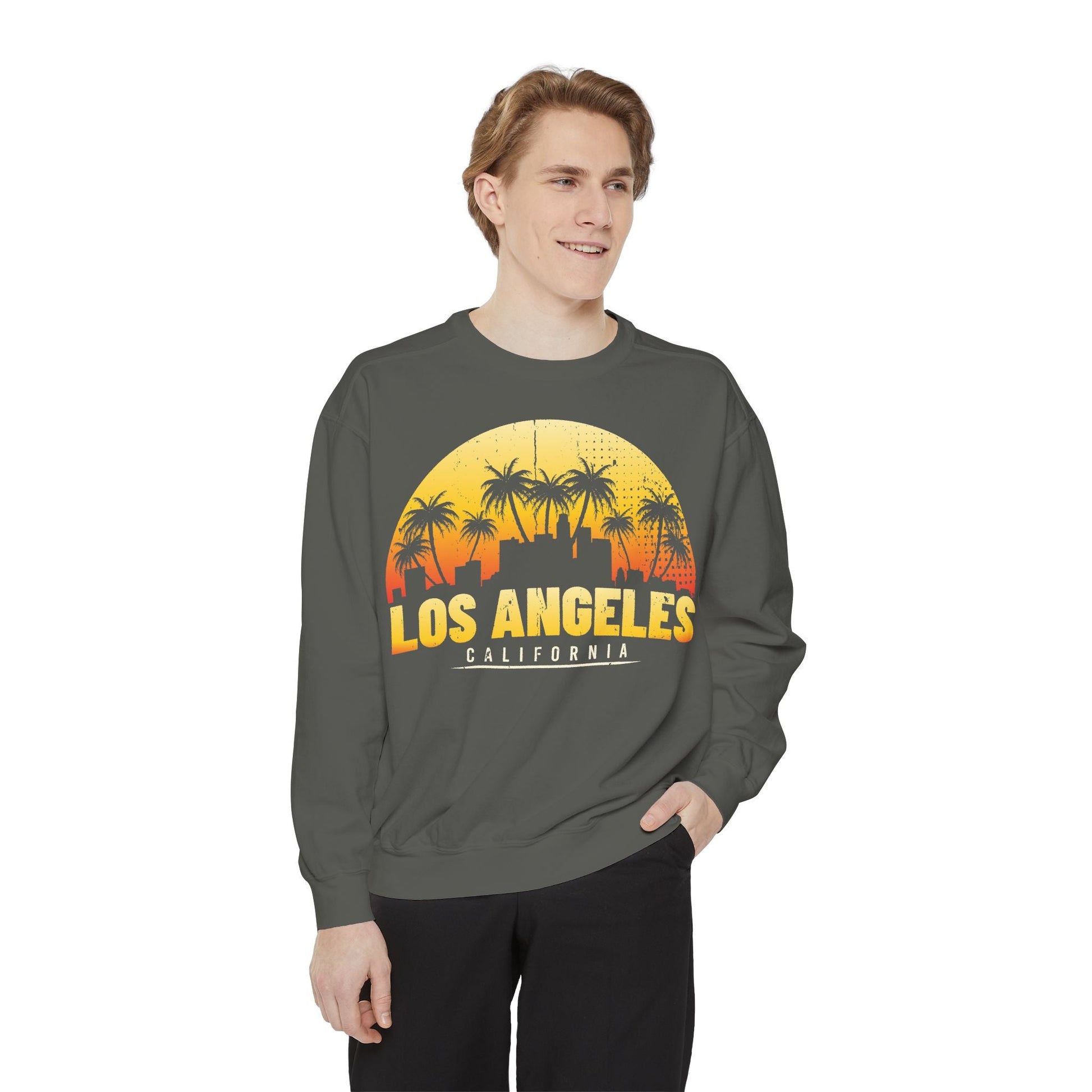 Los Angeles Sunset Sweatshirt - Vintage Unisex Garment - Dyed Pullover, California Apparel, Travel Souvenir, Cozy Gift, Streetwear Style - TINMICO