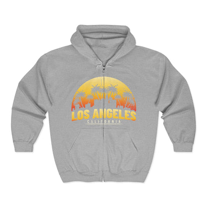 Los Angeles Sunset Zip Hoodie, California Graphic Sweatshirt, Unisex Hooded Jacket, Beach Vibes Apparel, Travel Souvenir Pullover - TINMICO