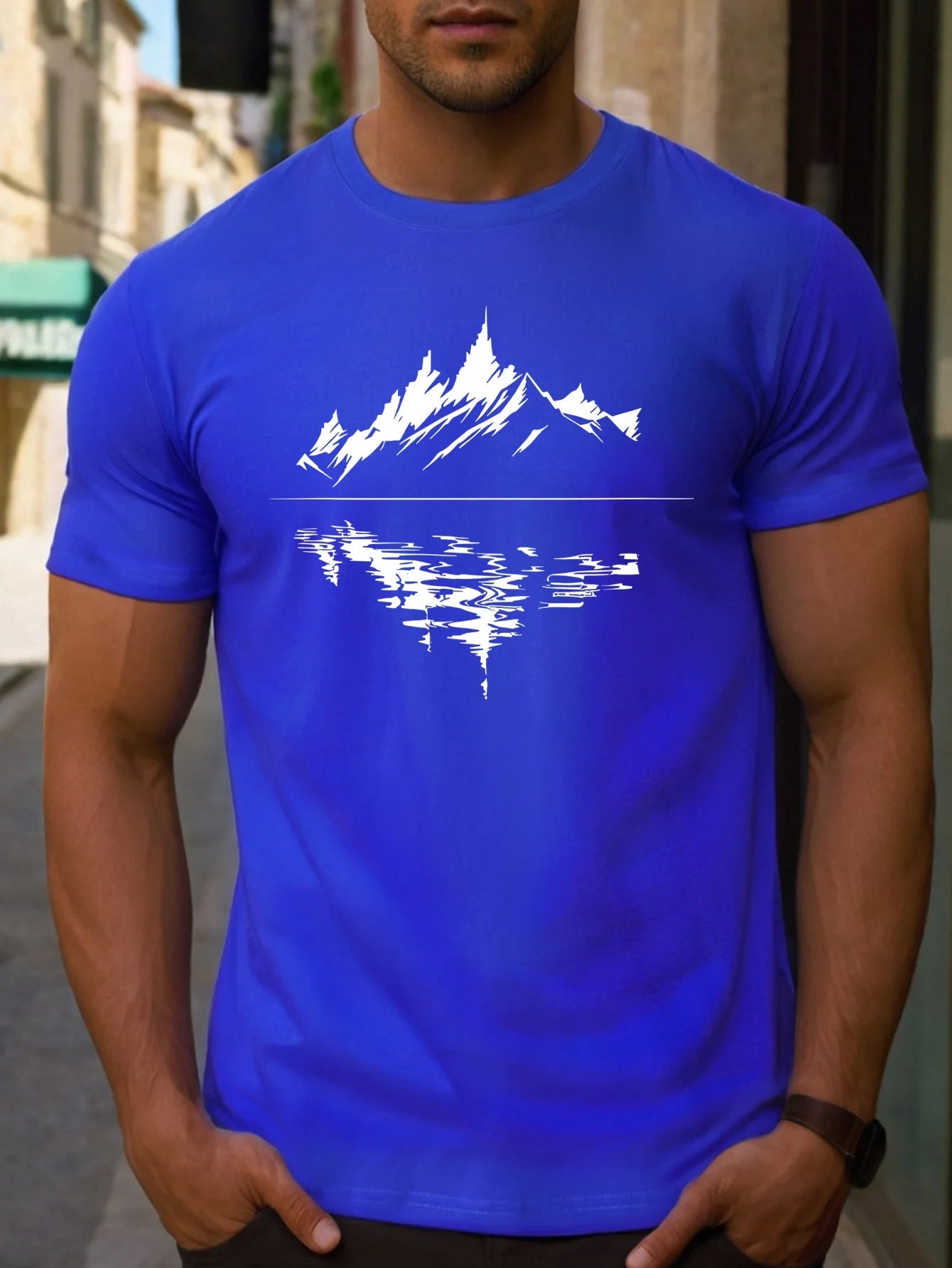New Men's summer pure cotton fashionable casual loose fit plus mountain reflection printed round neck short sleeved T-shirt top | TINMICO - TINMICO