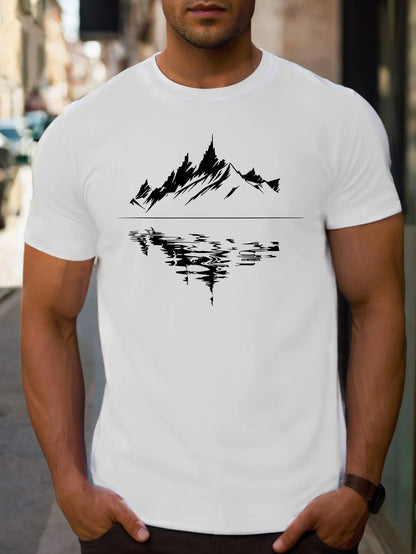 New Men's summer pure cotton fashionable casual loose fit plus mountain reflection printed round neck short sleeved T-shirt top | TINMICO - TINMICO
