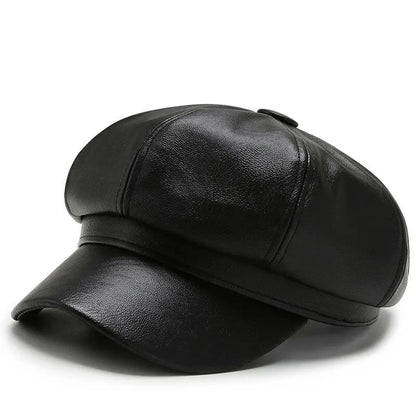 New Retro Fashion Women's Pu Leather Octagonal Hat Versatile Autumn And Winter Temperament Big Head Circumference Beret | TINMICO - TINMICO