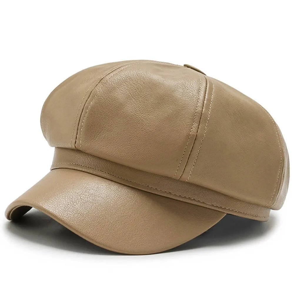 New Retro Fashion Women's Pu Leather Octagonal Hat Versatile Autumn And Winter Temperament Big Head Circumference Beret | TINMICO - TINMICO