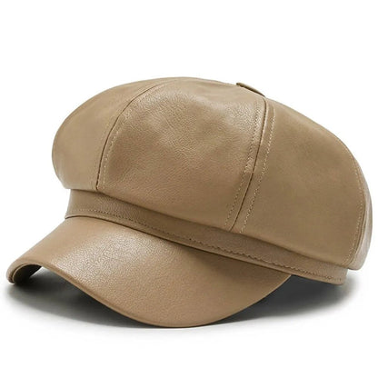 New Retro Fashion Women's Pu Leather Octagonal Hat Versatile Autumn And Winter Temperament Big Head Circumference Beret | TINMICO - TINMICO