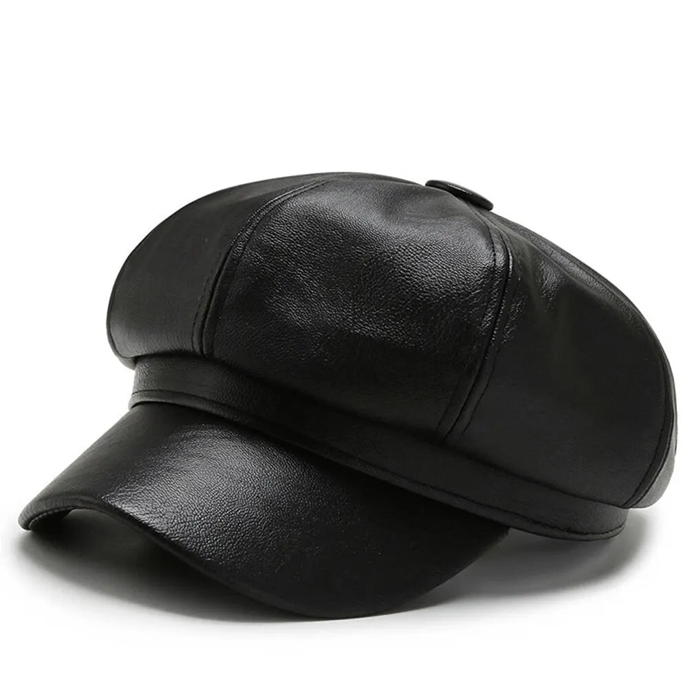 New Retro Fashion Women's Pu Leather Octagonal Hat Versatile Autumn And Winter Temperament Big Head Circumference Beret | TINMICO - TINMICO