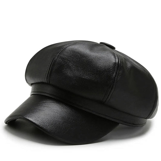 New Retro Fashion Women's Pu Leather Octagonal Hat Versatile Autumn And Winter Temperament Big Head Circumference Beret | TINMICO - TINMICO