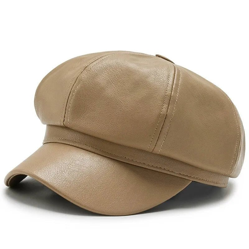New Retro Fashion Women's Pu Leather Octagonal Hat Versatile Autumn And Winter Temperament Big Head Circumference Beret | TINMICO - TINMICO