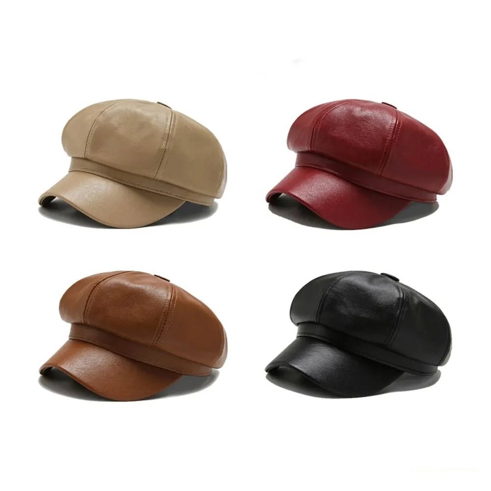 New Retro Fashion Women's Pu Leather Octagonal Hat Versatile Autumn And Winter Temperament Big Head Circumference Beret | TINMICO - TINMICO