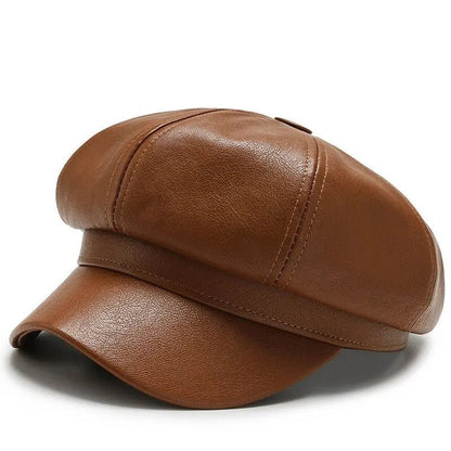 New Retro Fashion Women's Pu Leather Octagonal Hat Versatile Autumn And Winter Temperament Big Head Circumference Beret | TINMICO - TINMICO