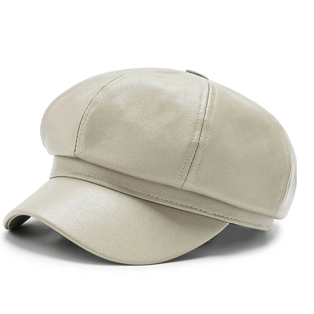 New Retro Fashion Women's Pu Leather Octagonal Hat Versatile Autumn And Winter Temperament Big Head Circumference Beret | TINMICO - TINMICO