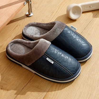 New Winter Casual Men's Slippers Indoor Waterproof PU Leather Home Shoes Fur Flat Warm Fashion Bedroom Houseshoes - TINMICO