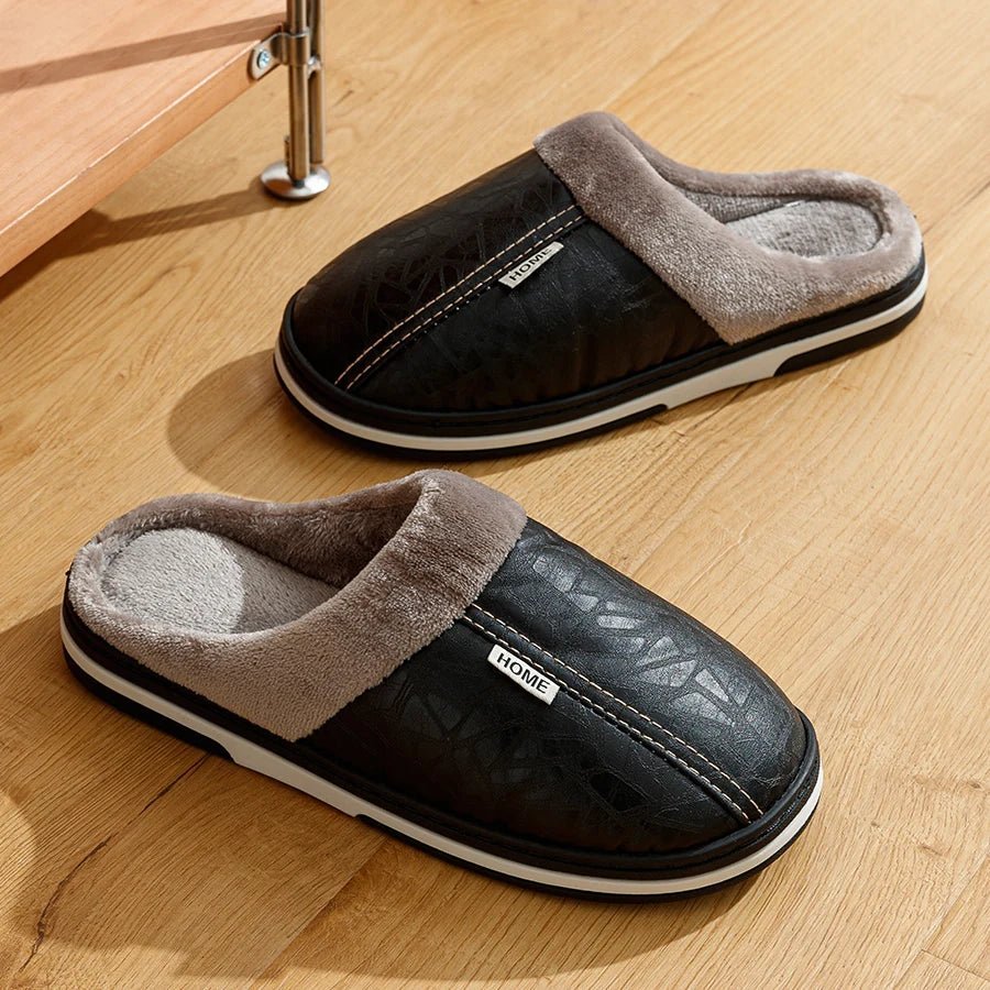 New Winter Casual Men's Slippers Indoor Waterproof PU Leather Home Shoes Fur Flat Warm Fashion Bedroom Houseshoes - TINMICO