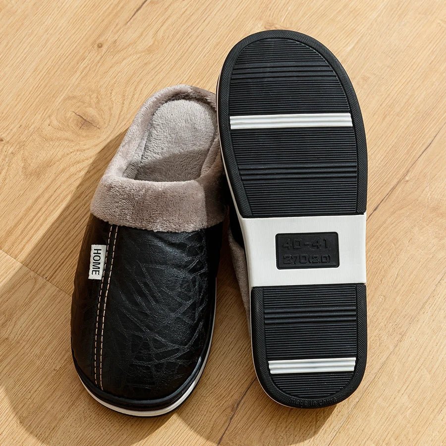 New Winter Casual Men's Slippers Indoor Waterproof PU Leather Home Shoes Fur Flat Warm Fashion Bedroom Houseshoes - TINMICO
