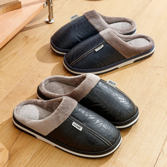 New Winter Casual Men's Slippers Indoor Waterproof PU Leather Home Shoes Fur Flat Warm Fashion Bedroom Houseshoes - TINMICO
