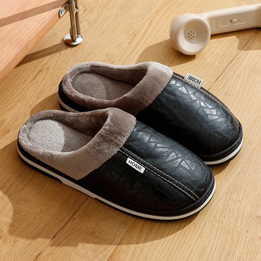 New Winter Casual Men's Slippers Indoor Waterproof PU Leather Home Shoes Fur Flat Warm Fashion Bedroom Houseshoes - TINMICO