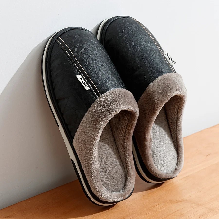 New Winter Casual Men's Slippers Indoor Waterproof PU Leather Home Shoes Fur Flat Warm Fashion Bedroom Houseshoes - TINMICO