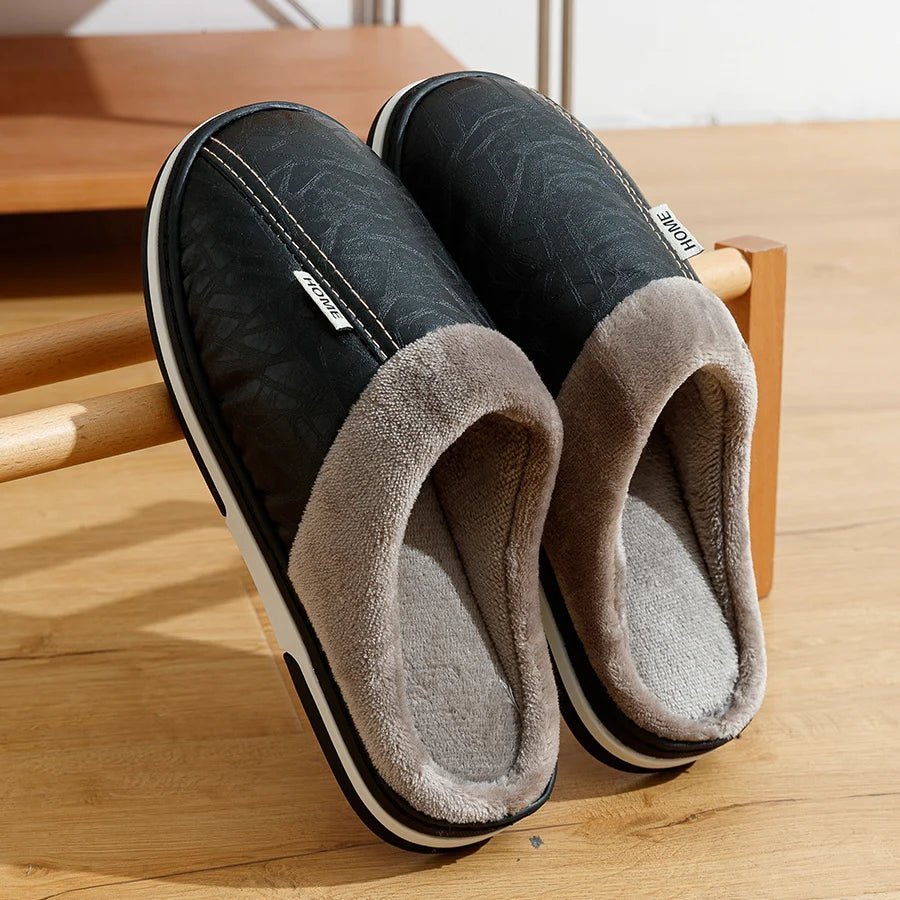 New Winter Casual Men's Slippers Indoor Waterproof PU Leather Home Shoes Fur Flat Warm Fashion Bedroom Houseshoes - TINMICO